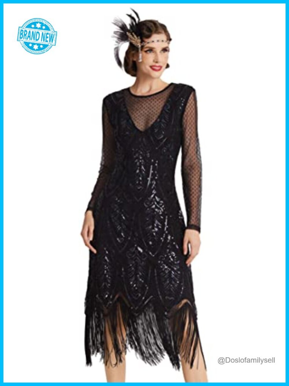 BABEYOND 1920s Flapper Dress Sequin Beaded Long Sleeve Gatsby Party